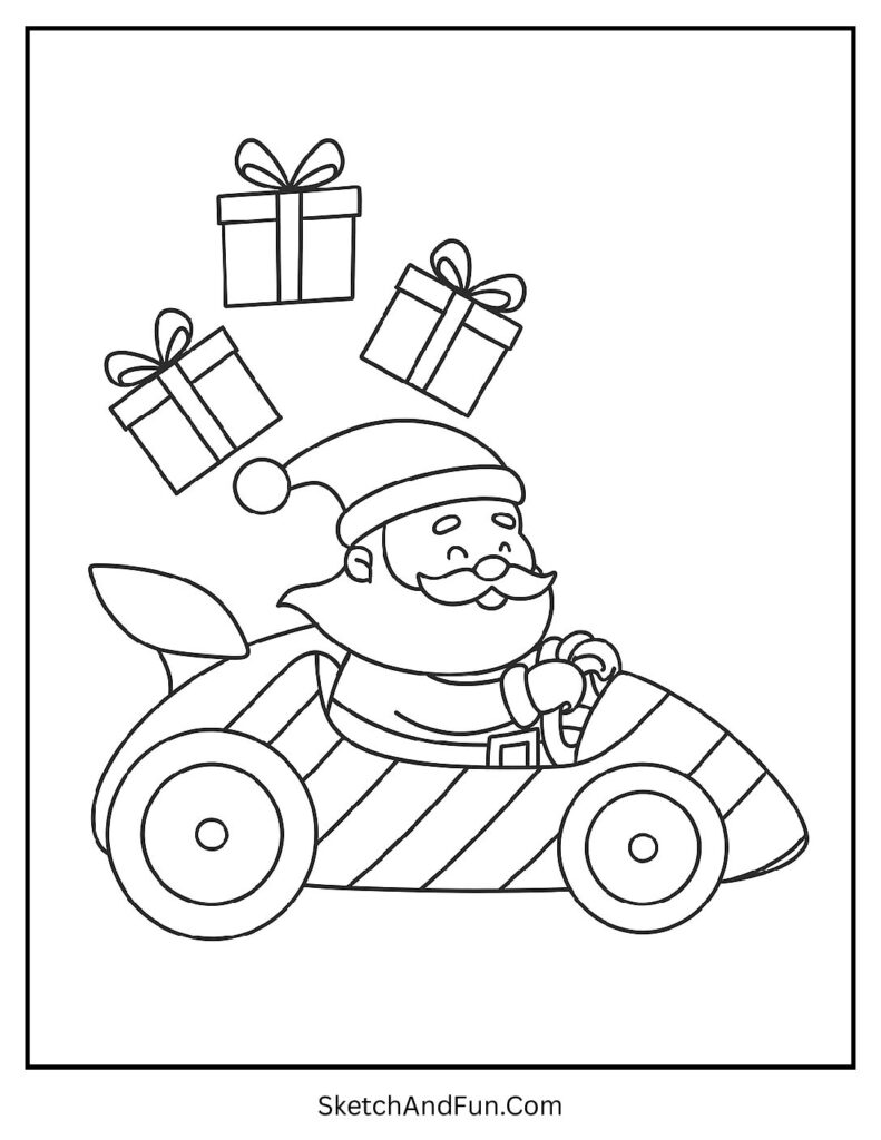Santa racing candy-striped car in Santa coloring pages no prep printable.