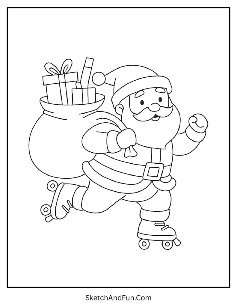 Santa delivers gifts on skates, Christmas coloring pages cartoon style fun.