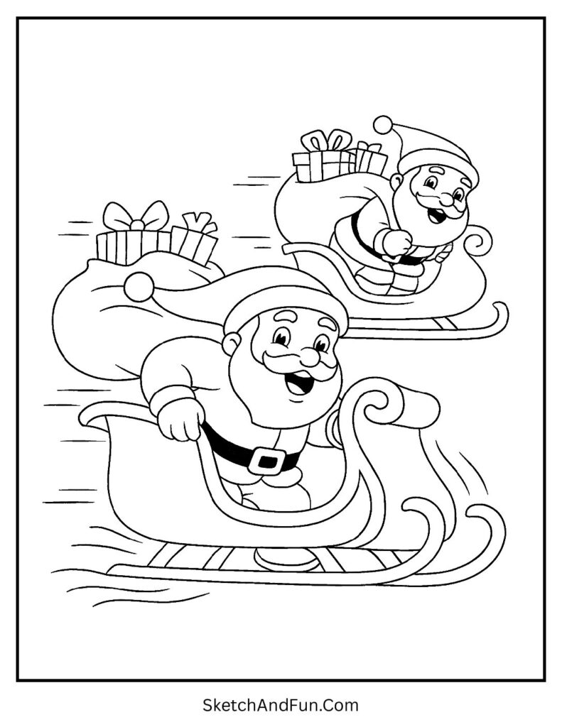 Santa racing sleigh with smile in cartoon Santa coloring sheets fun.