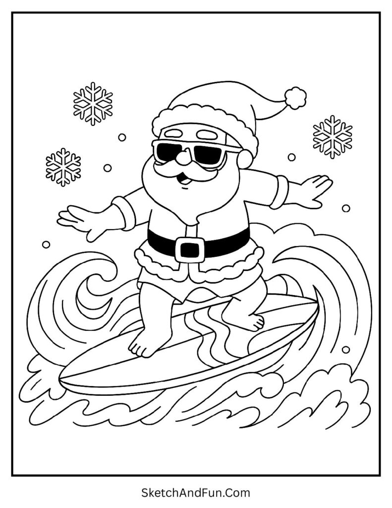 Santa surfing snowy waves with sunglasses in Santa coloring book pages free.