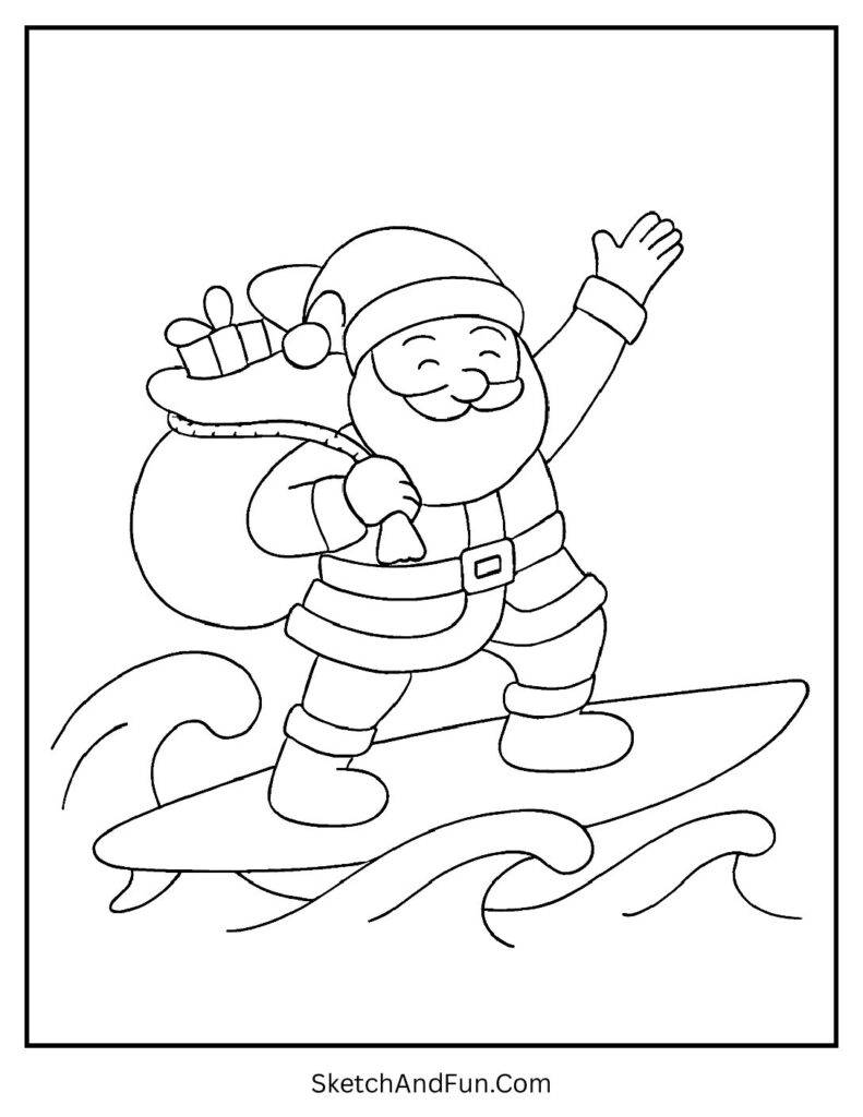 Santa surfs waves with gifts, Christmas coloring pages cartoon style summer twist.