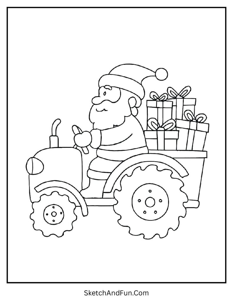 Santa driving tractor of presents in Santa coloring pages bundle download.
