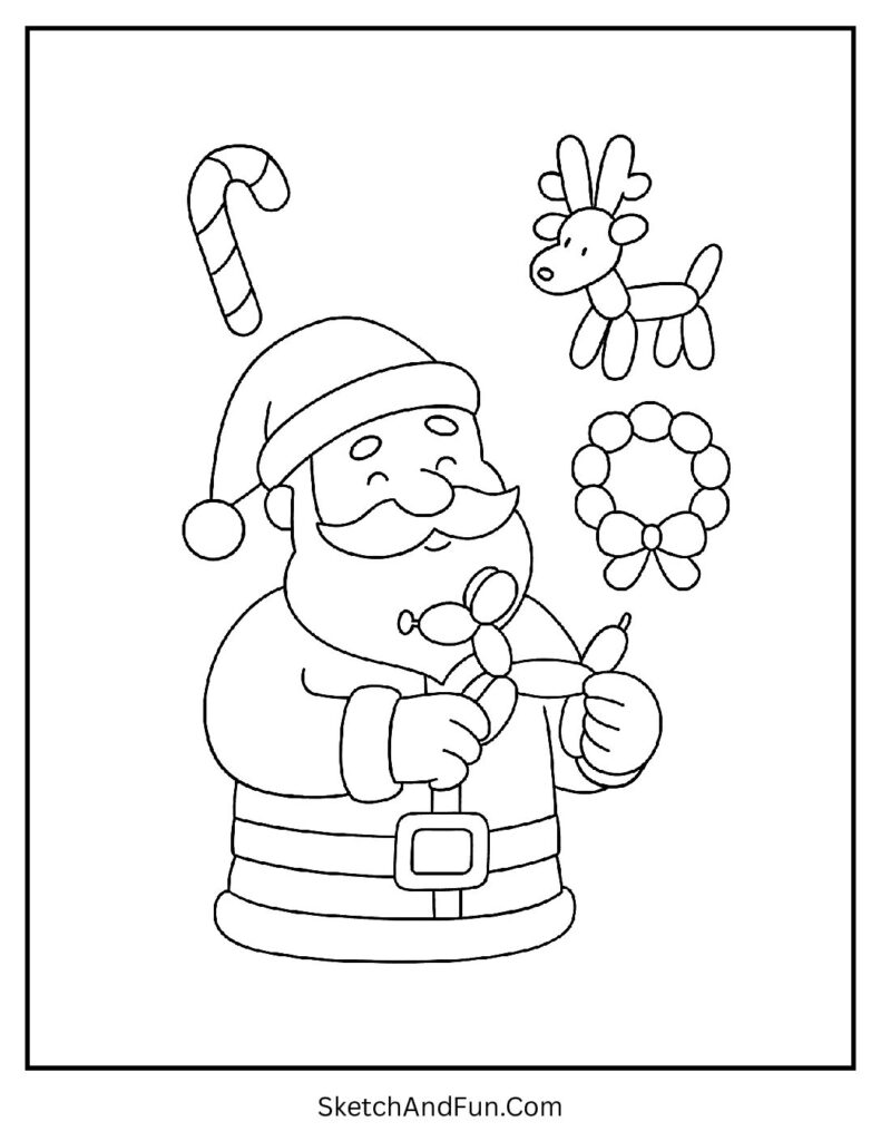 Santa twisting balloon animals in Santa coloring page for classroom use.