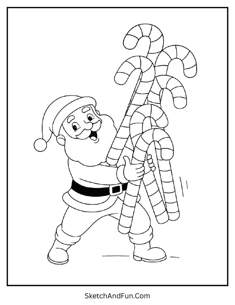 Santa with candy cane tower in a simple Santa coloring sheet, playful and festive.