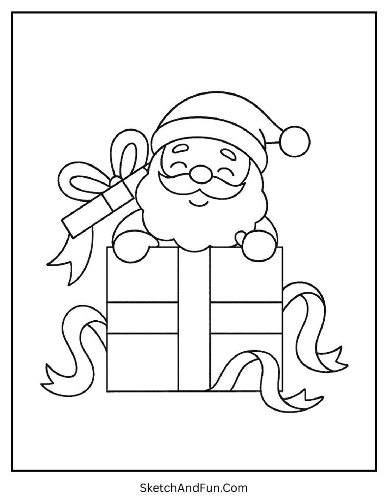 Santa popping from giant gift box in Santa coloring pages detailed design.