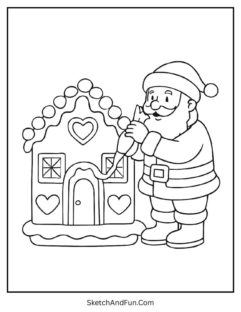 Santa decorating gingerbread house in Santa coloring pages free printable.