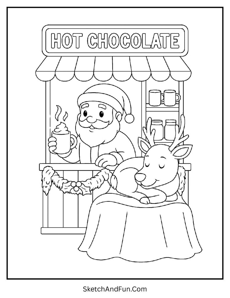 Santa selling hot cocoa at stall in Santa coloring pages for adults.