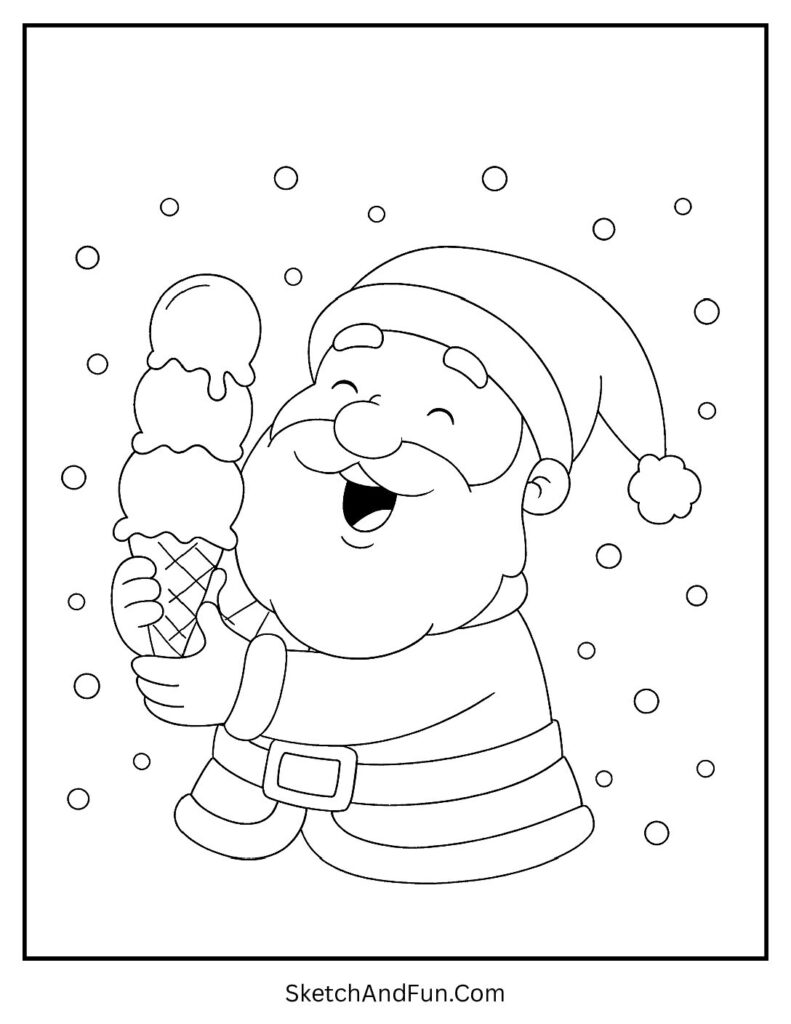 Santa eating giant ice cream cone in Santa and Mrs Claus coloring pages set.