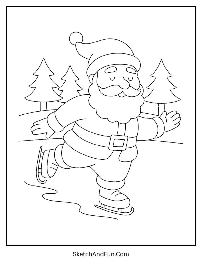Santa ice skating on frozen lake in relaxing Santa coloring page for adults.