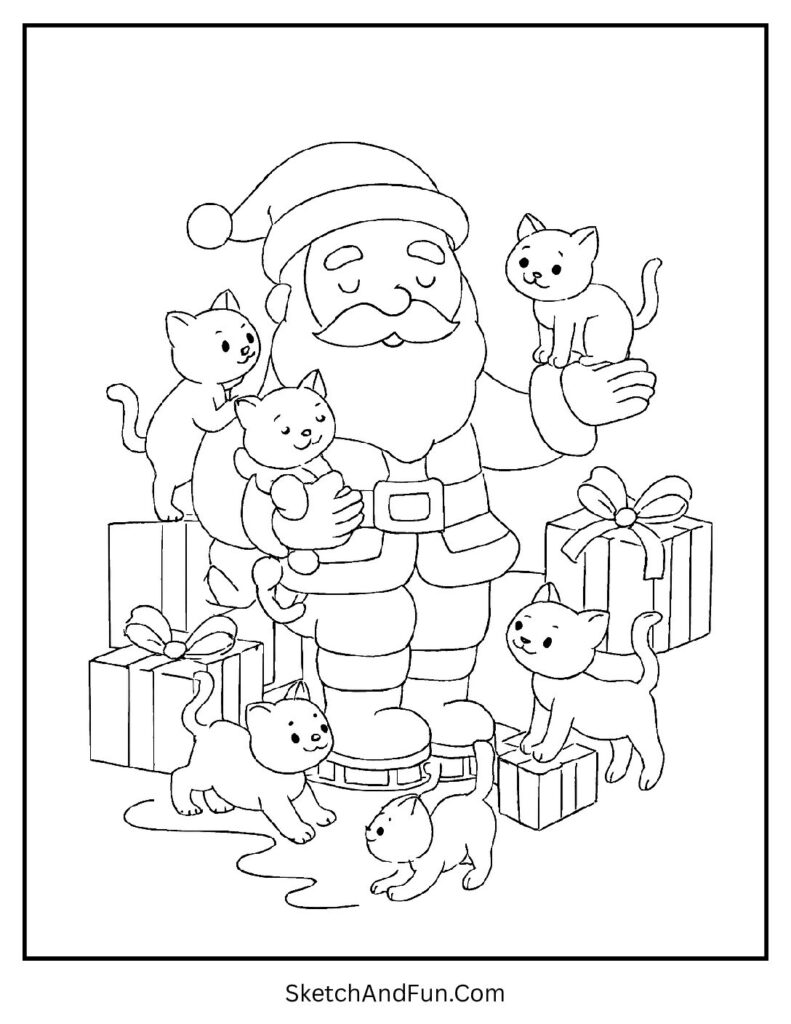 Santa with Kittens Coloring Page pdf