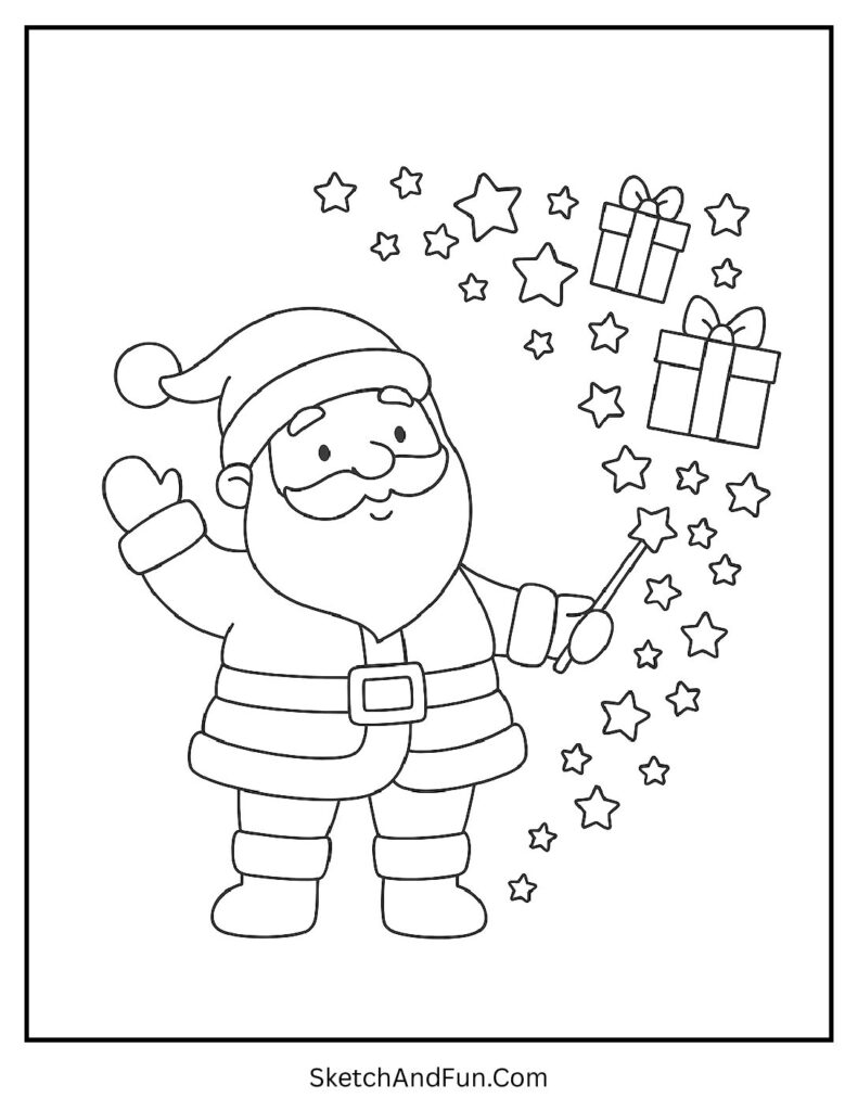 Santa with magic wand creating stars in Santa coloring page color by number.