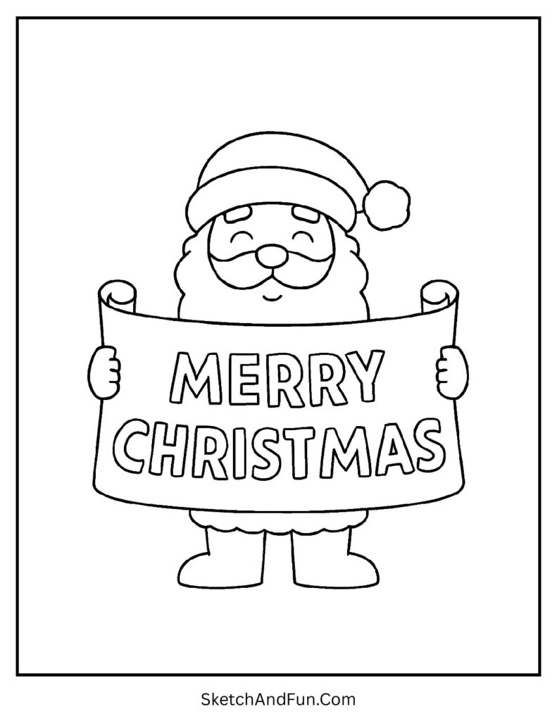Santa Christmas coloring pages for kids with Merry Christmas banner scroll