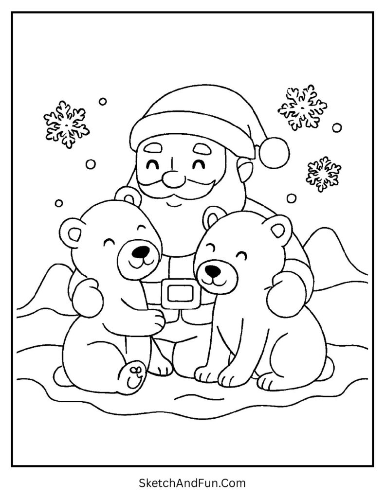 Santa hugging polar bears in Santa coloring pages Christmas Eve theme.