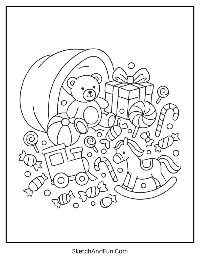 Toys and candy spill from Santa’s bag, Christmas coloring pages printables high resolution.