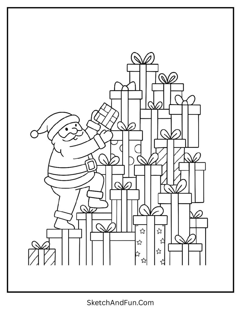 Santa climbing gift mountain in Santa coloring page outline style.