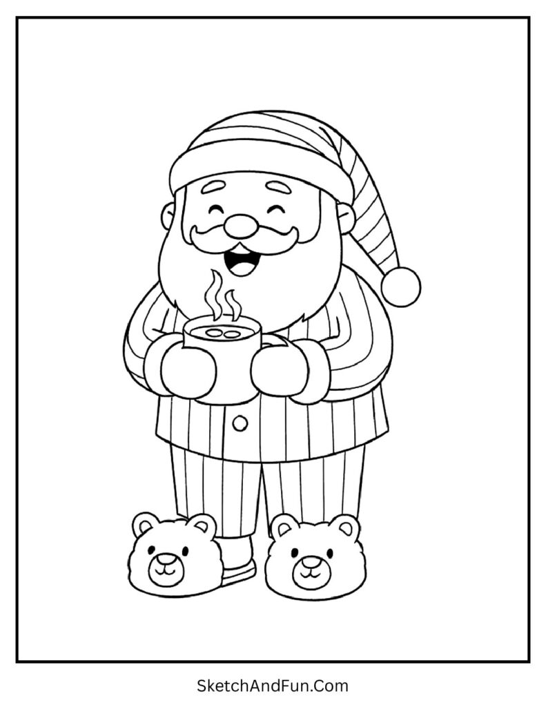 Santa in pajamas sipping cocoa in toddler Santa coloring page easy.