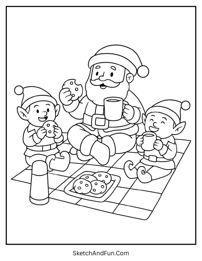 Santa picnic with elves sharing cookies in Santa coloring pages easy.