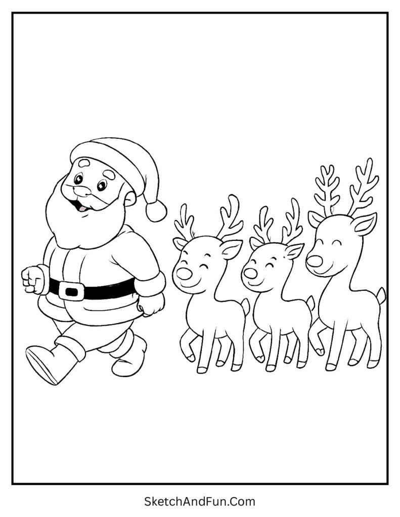 Santa leading reindeer parade in Santa coloring pages with reindeer style.