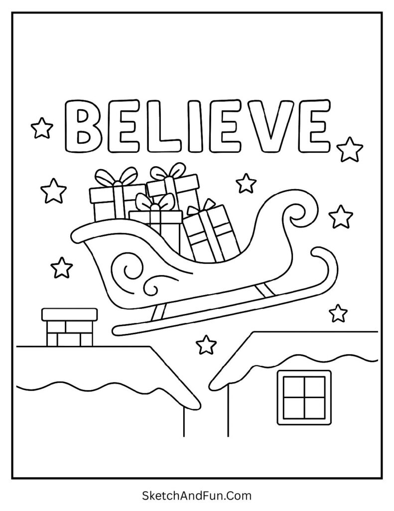 Santa Christmas coloring pages sleigh flying with Believe message