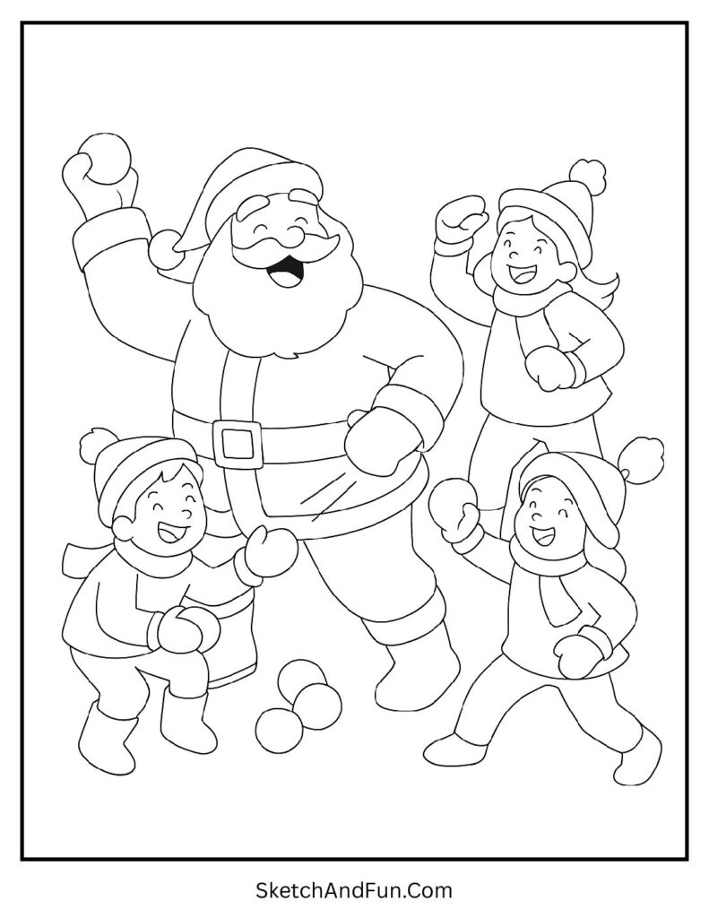 Santa in snowball fight laughing in large print Santa coloring sheets.
