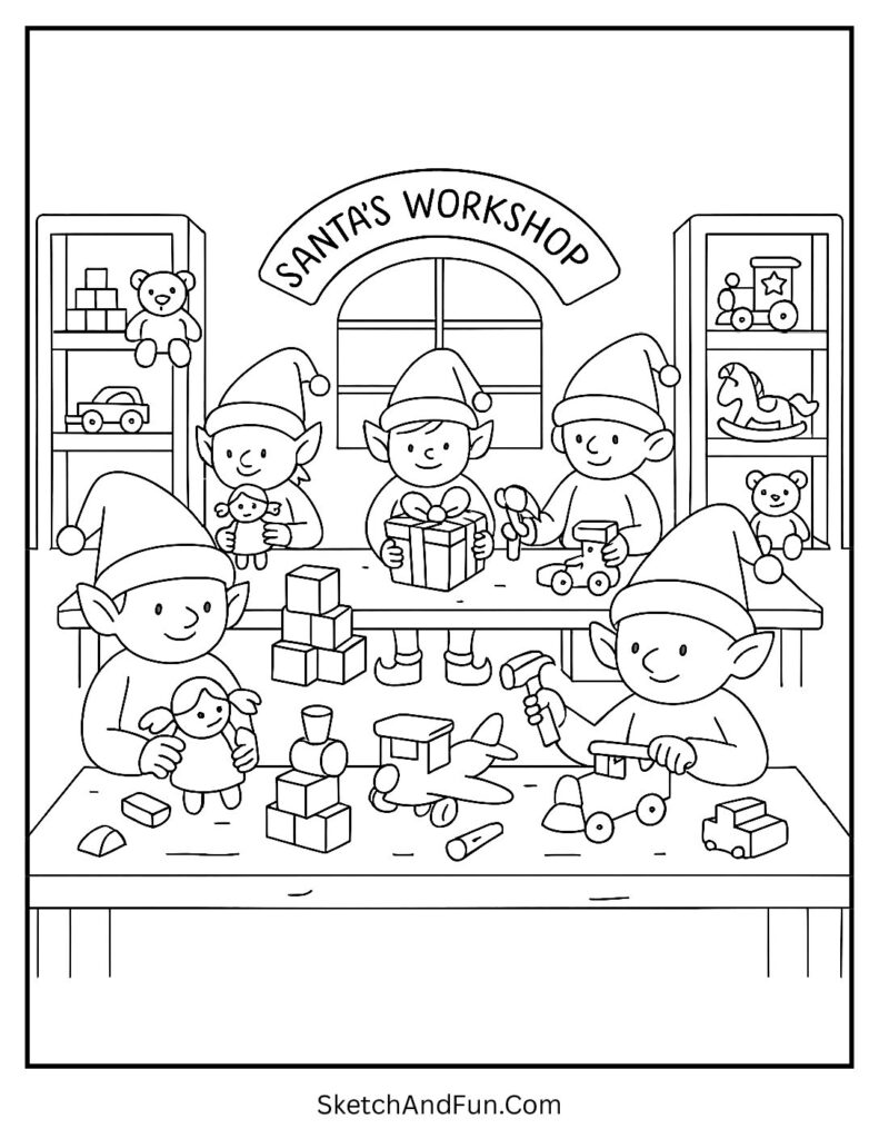 Detailed Christmas coloring pages for adults with Santa’s workshop elves