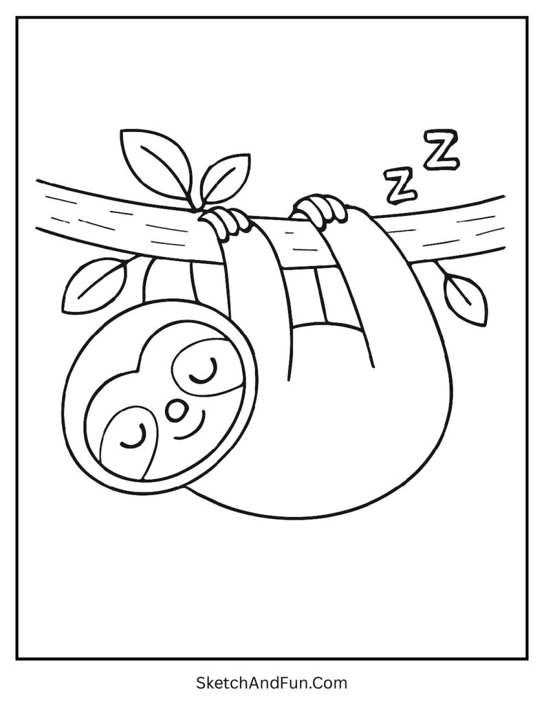 Sleepy sloth resting on a branch featured in sloth coloring pages hanging upside down.