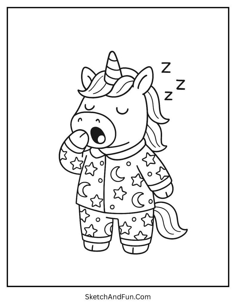 Simple unicorn coloring pages with a sleepy unicorn in pajamas.