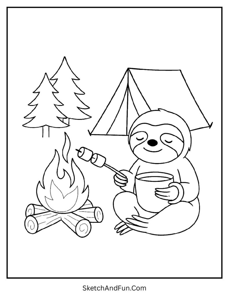 Camping theme shown in sloth coloring pages with habitat scene.
