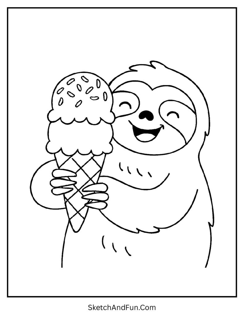 Happy sloth with ice cream cone in sloth coloring pages for toddlers.