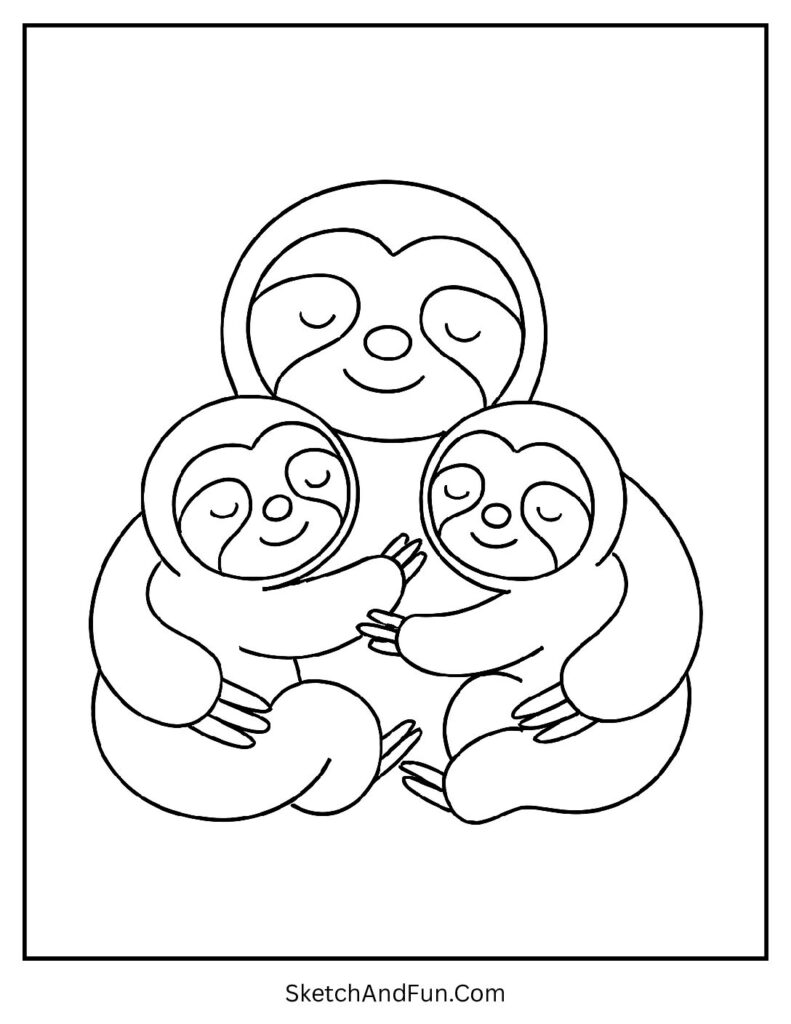 Parent cuddling two babies shown in cute sloth coloring pages.