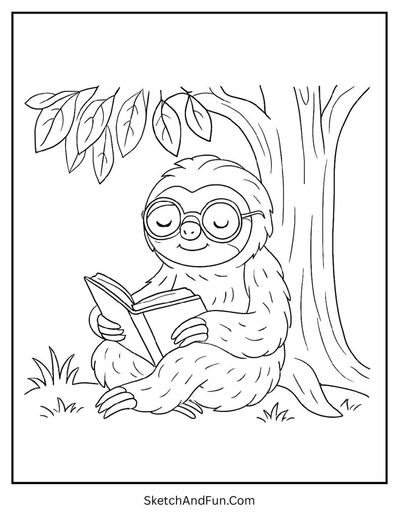 Wise animal reading shown in sloth and bird coloring pages.