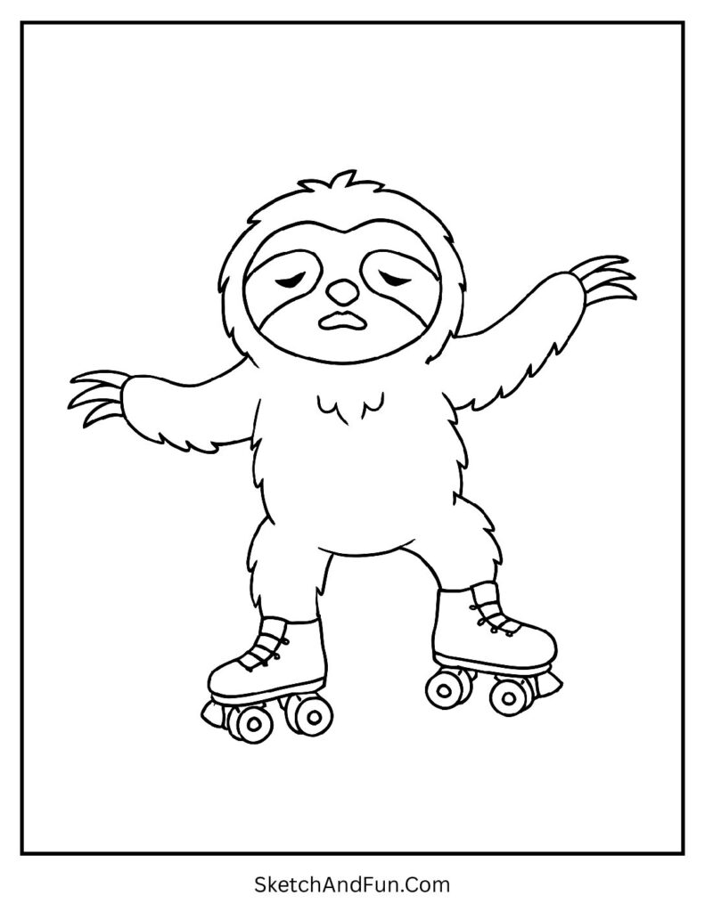 Funny skating animal featured in how to draw & color a sloth page.