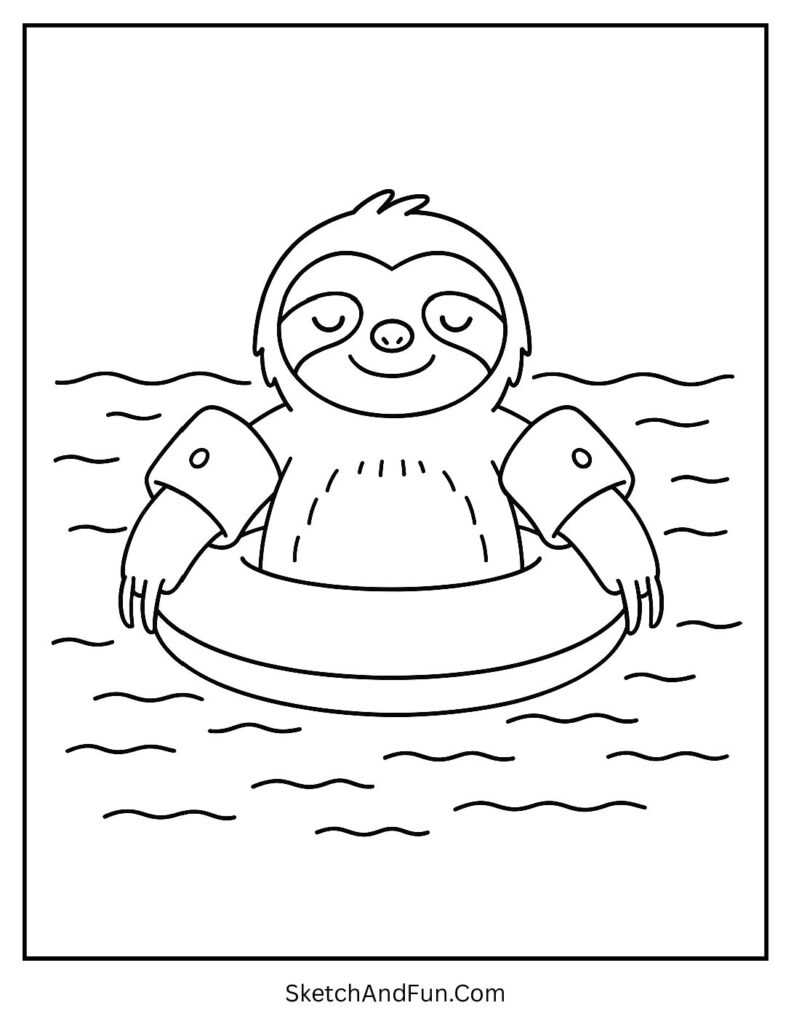Swimming sloth with floaties in sloth coloring page simple outline.
