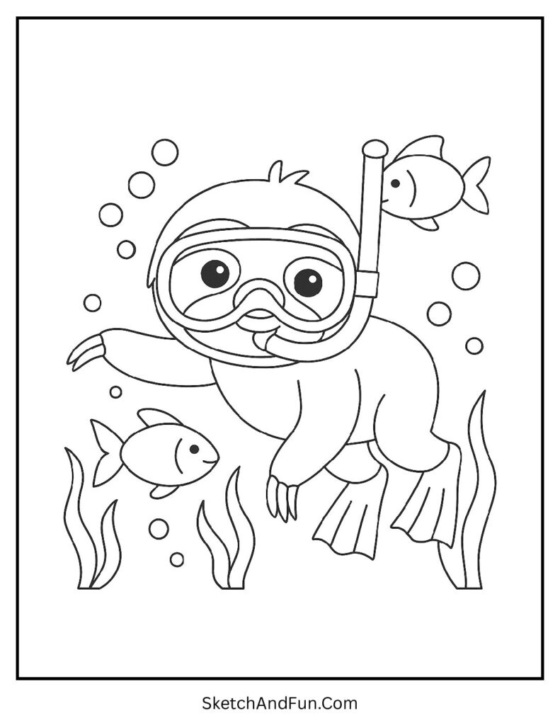 Snorkeling sloth underwater in printable sloth coloring pages for preschool.