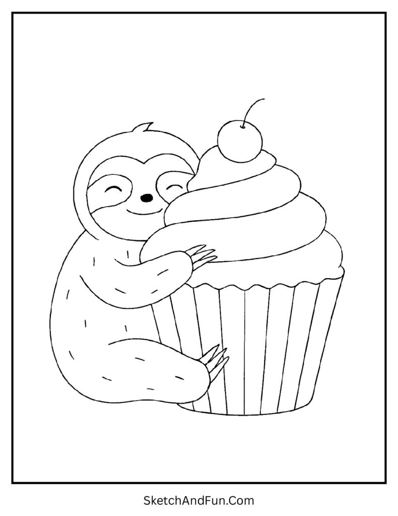 Sweet sloth with a cupcake shown in sloth coloring pages colour by number.
