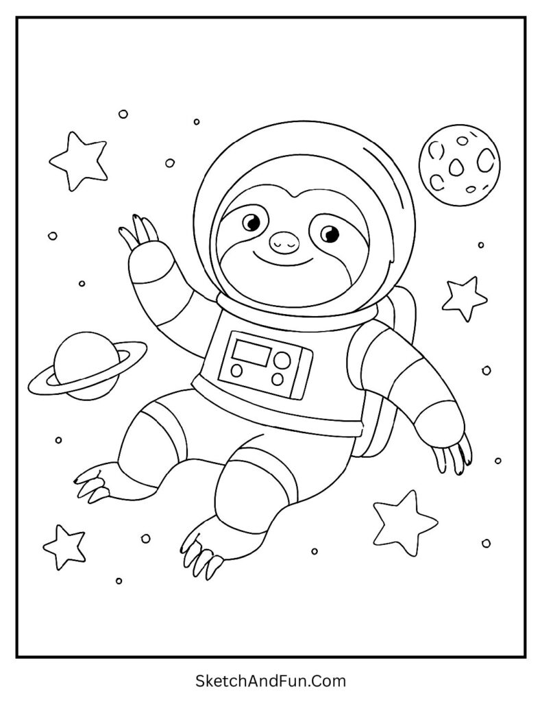 Astronaut sloth floating among planets in sloth coloring pages jungle background.