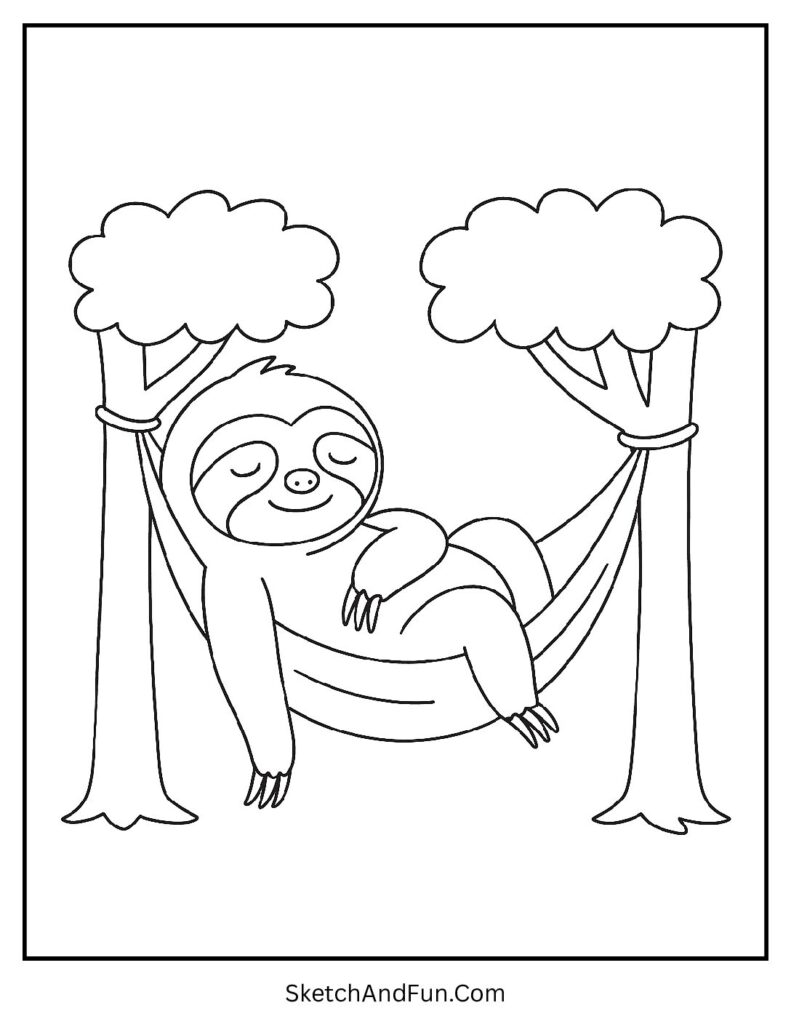 Lazy sloth resting in hammock in rainforest sloth coloring pages.