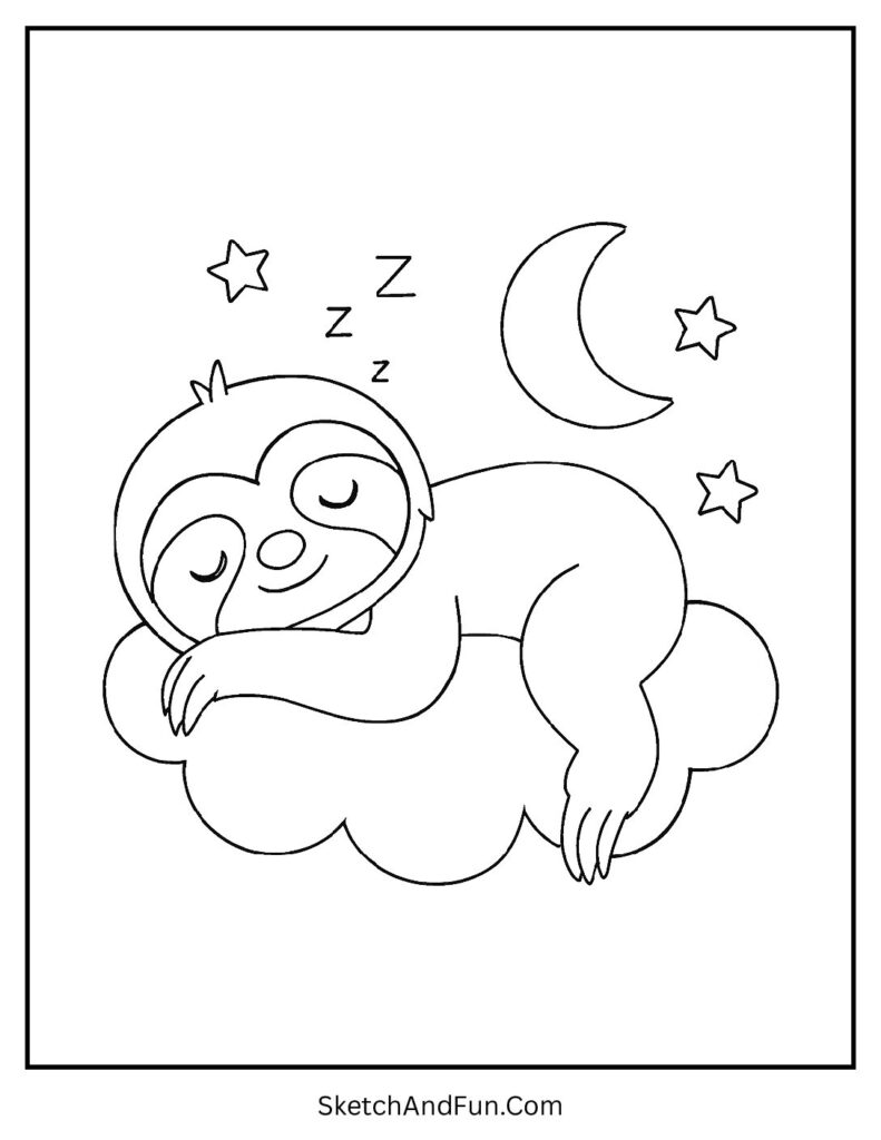 Dreamy sloth resting softly in sloth coloring pages free printable.