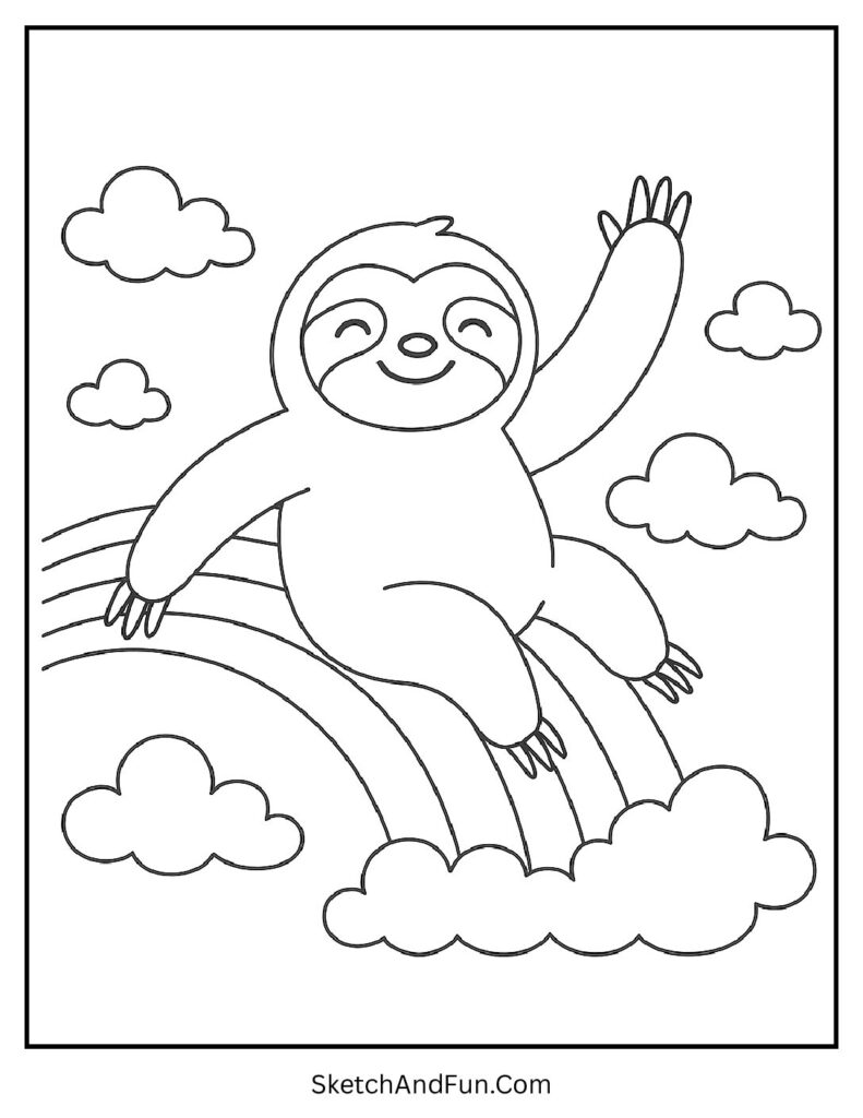Cheerful sloth sliding on rainbow in kawaii sloth coloring pages.