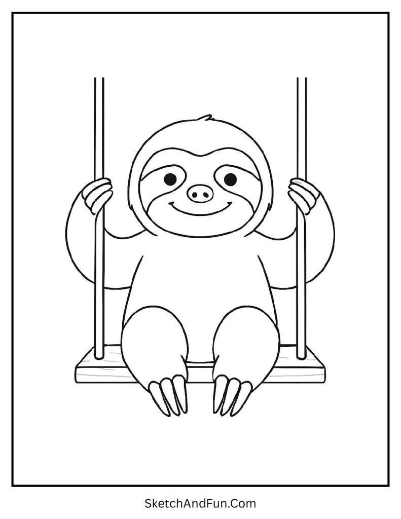 Gentle sloth swinging softly in sloth coloring pages large print.
