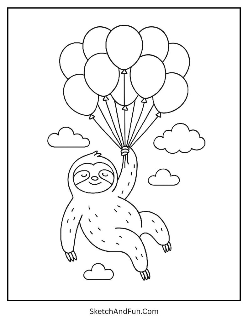 Floating balloons carrying animal in sloth coloring sheets free.