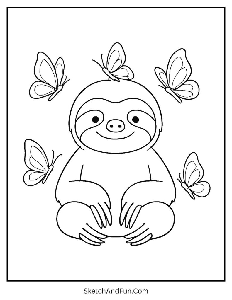 Peaceful scene with butterflies in forest creature sloth coloring page.