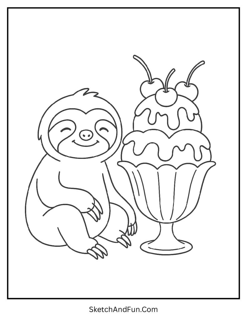 Sundae treat with happy animal in sloth coloring page black and white.