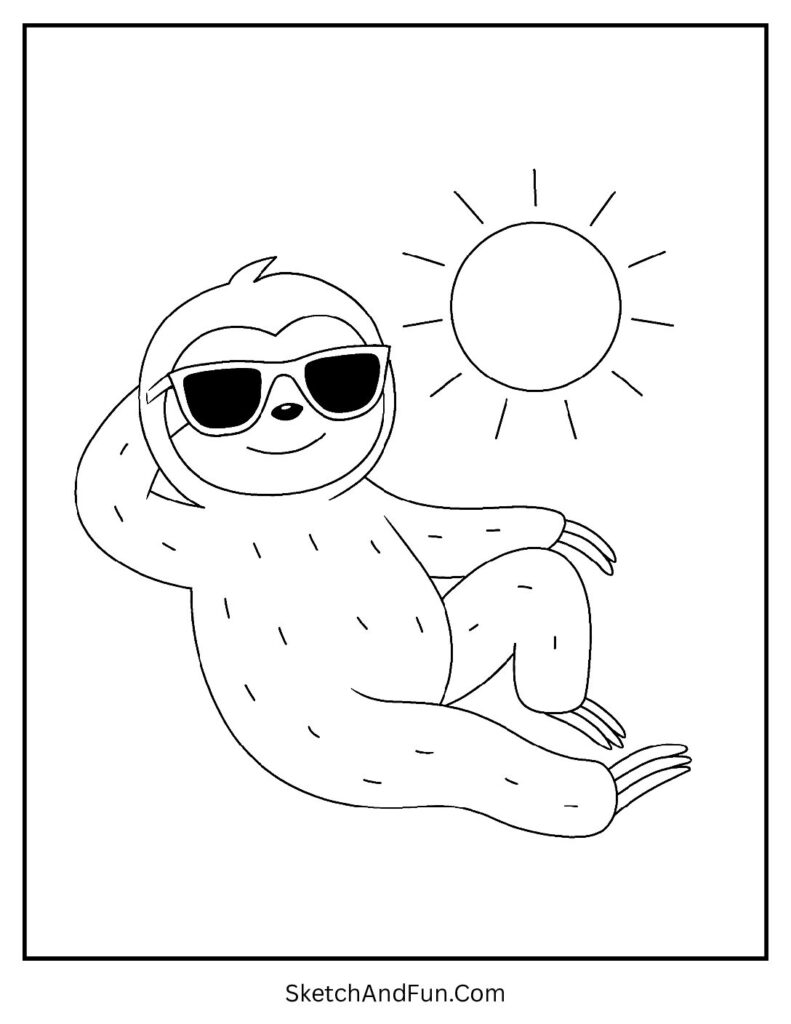 Relaxed sloth in sunglasses from adult sloth coloring book pages printable.
