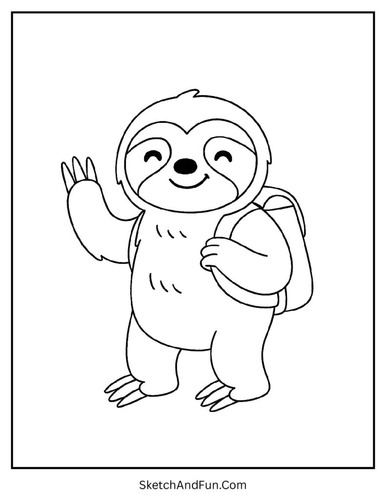Little sloth with backpack in educational sloth coloring pages worksheets.