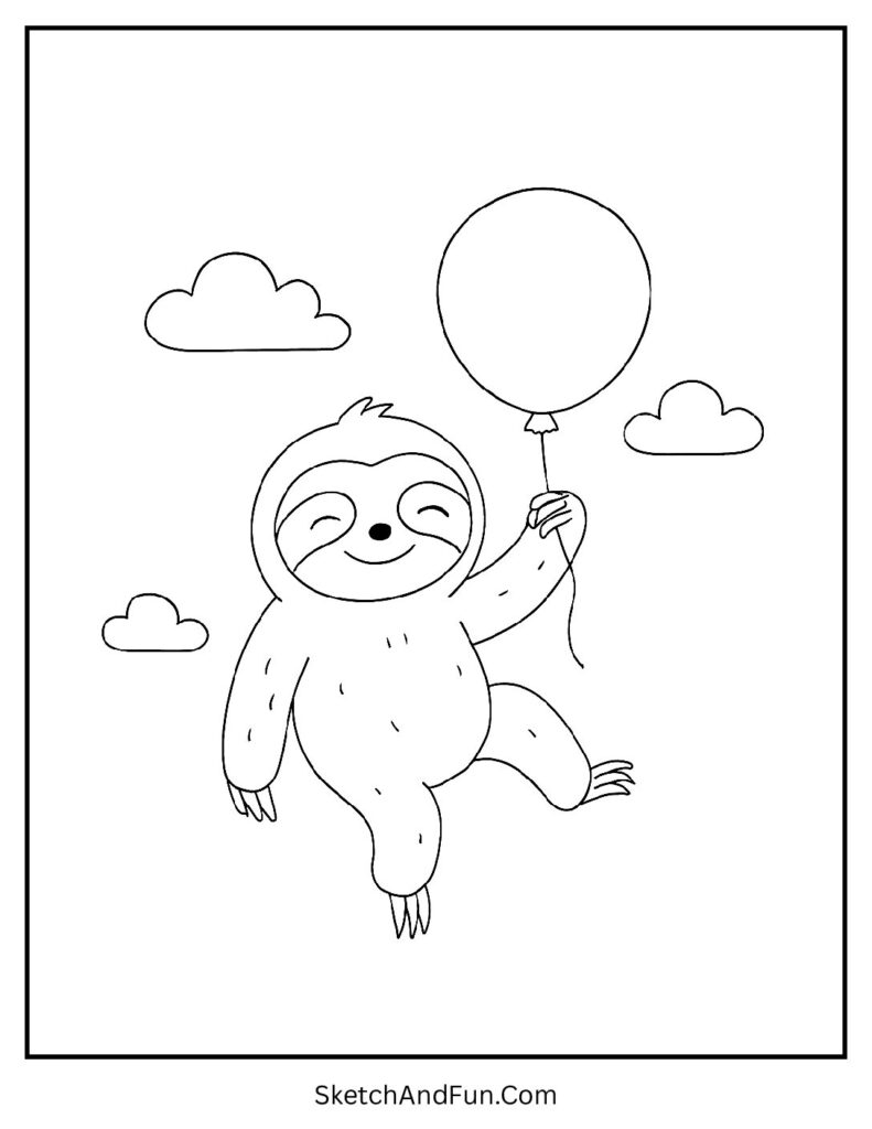Smiling sloth holding a balloon in printable cute baby sloth coloring page.