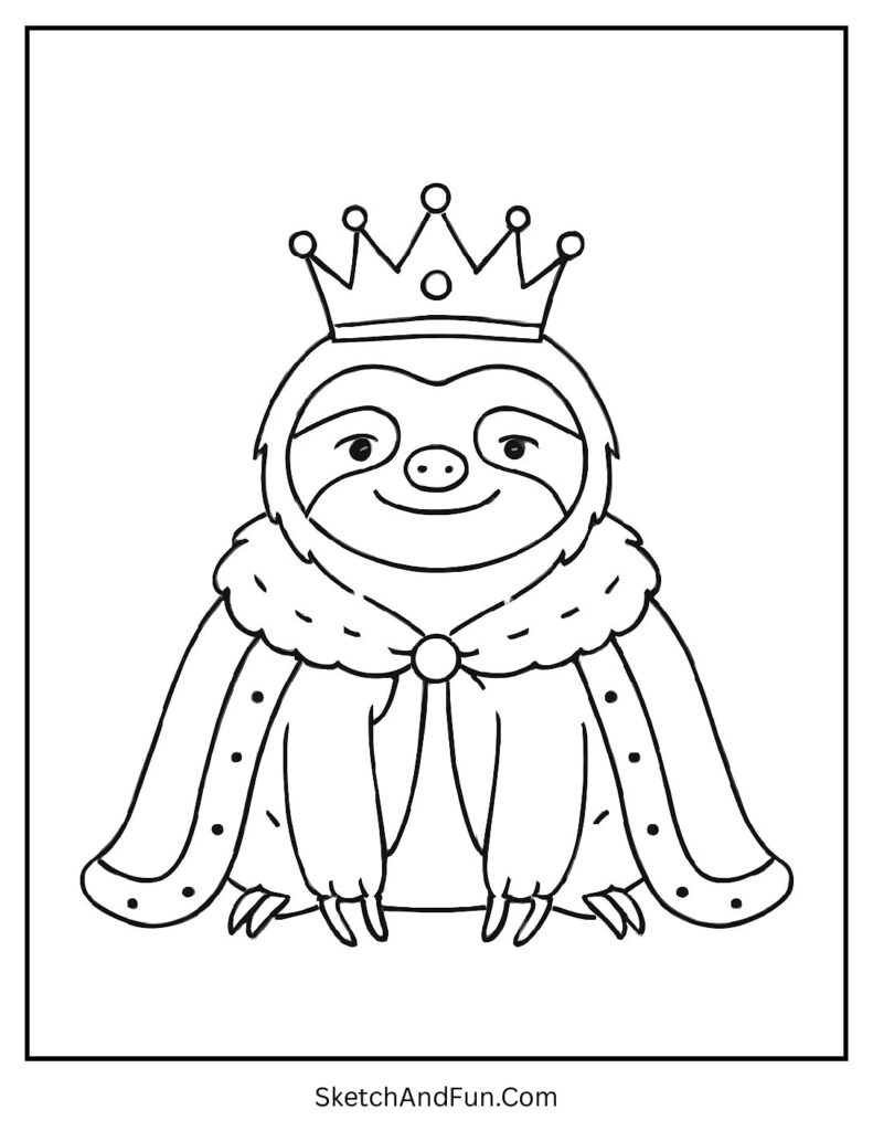 Royal animal with crown in sloth coloring page black and white.