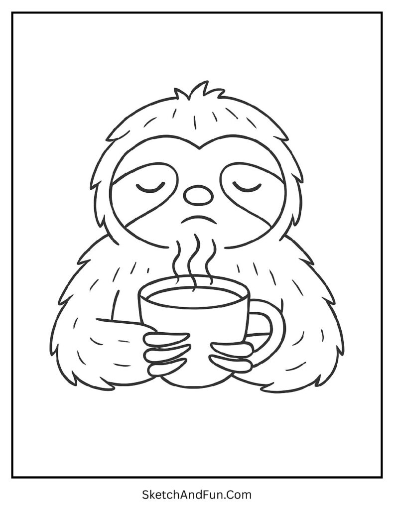 Sleepy animal with hot drink in detailed sloth coloring pages for adults.
