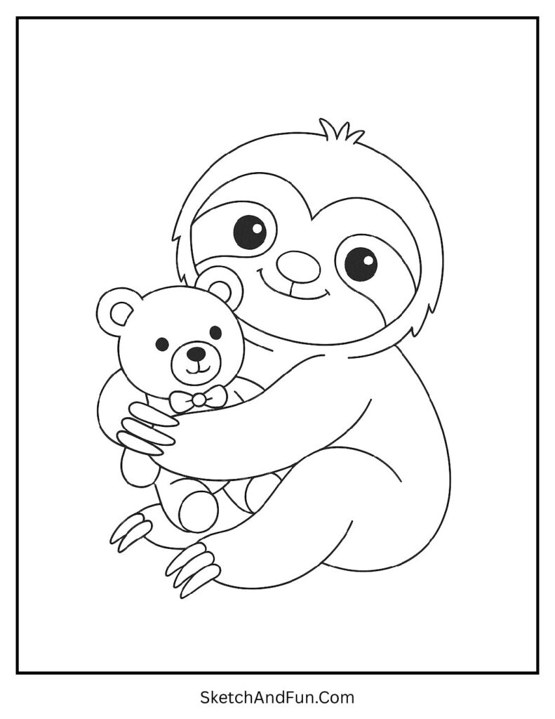 Baby hugging teddy included in baby sloth coloring pages.