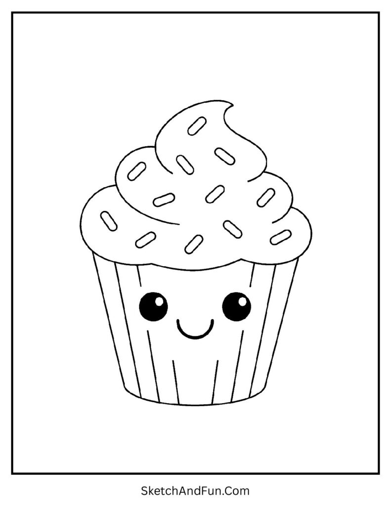 Cute cupcake with sprinkles smiling as simple pattern coloring pages free.